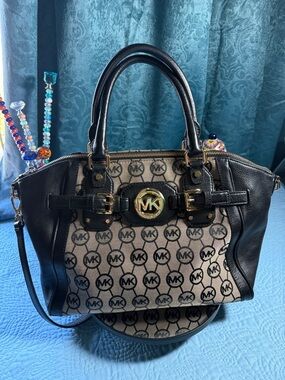 Michael Kors Black and Beige Logo Satchel with Gold Hardware 13x10